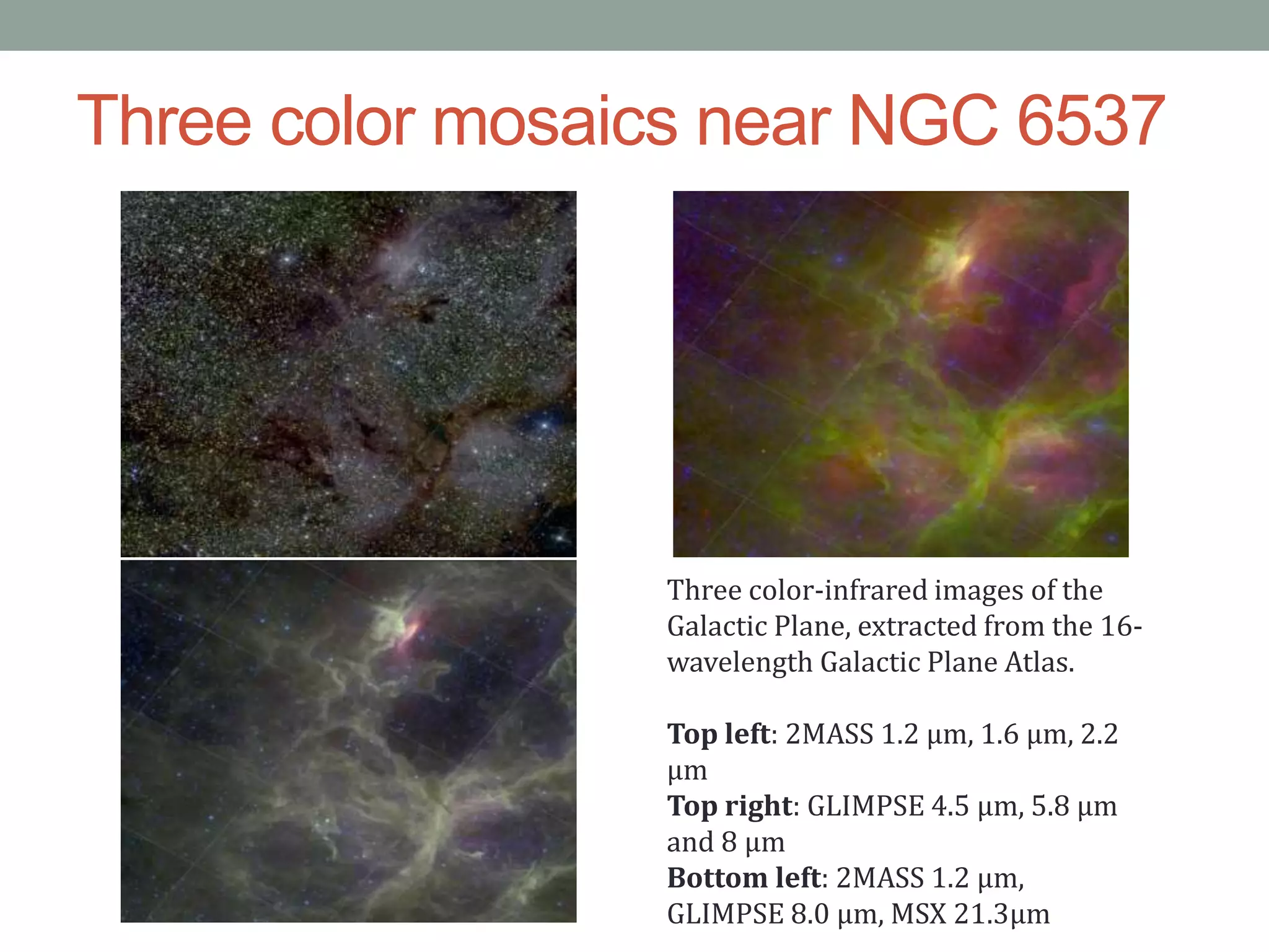 Three color mosaics near NGC 6537
Three color-infrared images of the
Galactic Plane, extracted from the 16-
wavelength Galactic Plane Atlas.
Top left: 2MASS 1.2 μm, 1.6 μm, 2.2
μm
Top right: GLIMPSE 4.5 μm, 5.8 μm
and 8 μm
Bottom left: 2MASS 1.2 μm,
GLIMPSE 8.0 μm, MSX 21.3μm
 