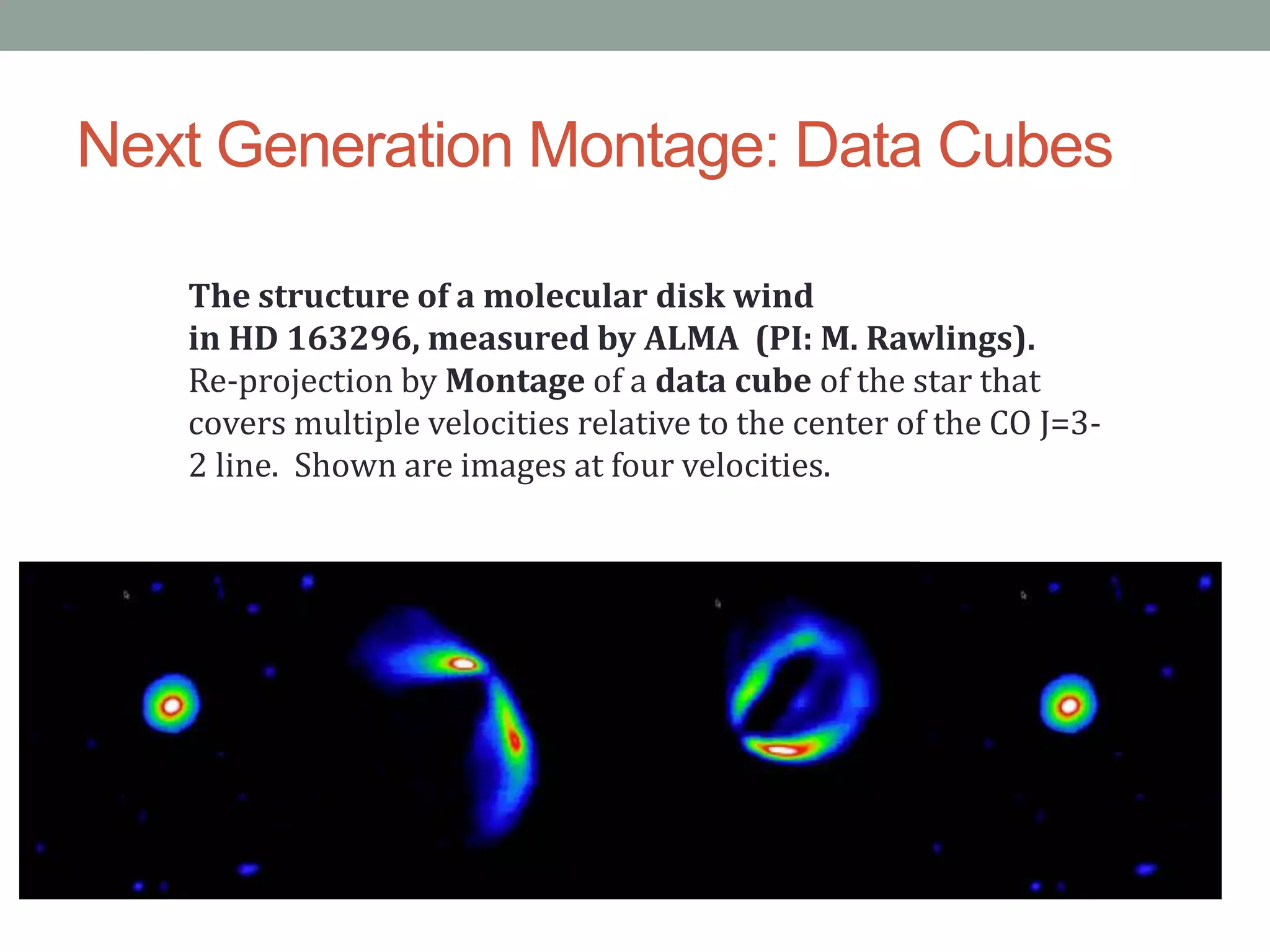 Next Generation Montage: Data Cubes
The structure of a molecular disk wind
in HD 163296, measured by ALMA (PI: M. Rawlings).
Re-projection by Montage of a data cube of the star that
covers multiple velocities relative to the center of the CO J=3-
2 line. Shown are images at four velocities.
 