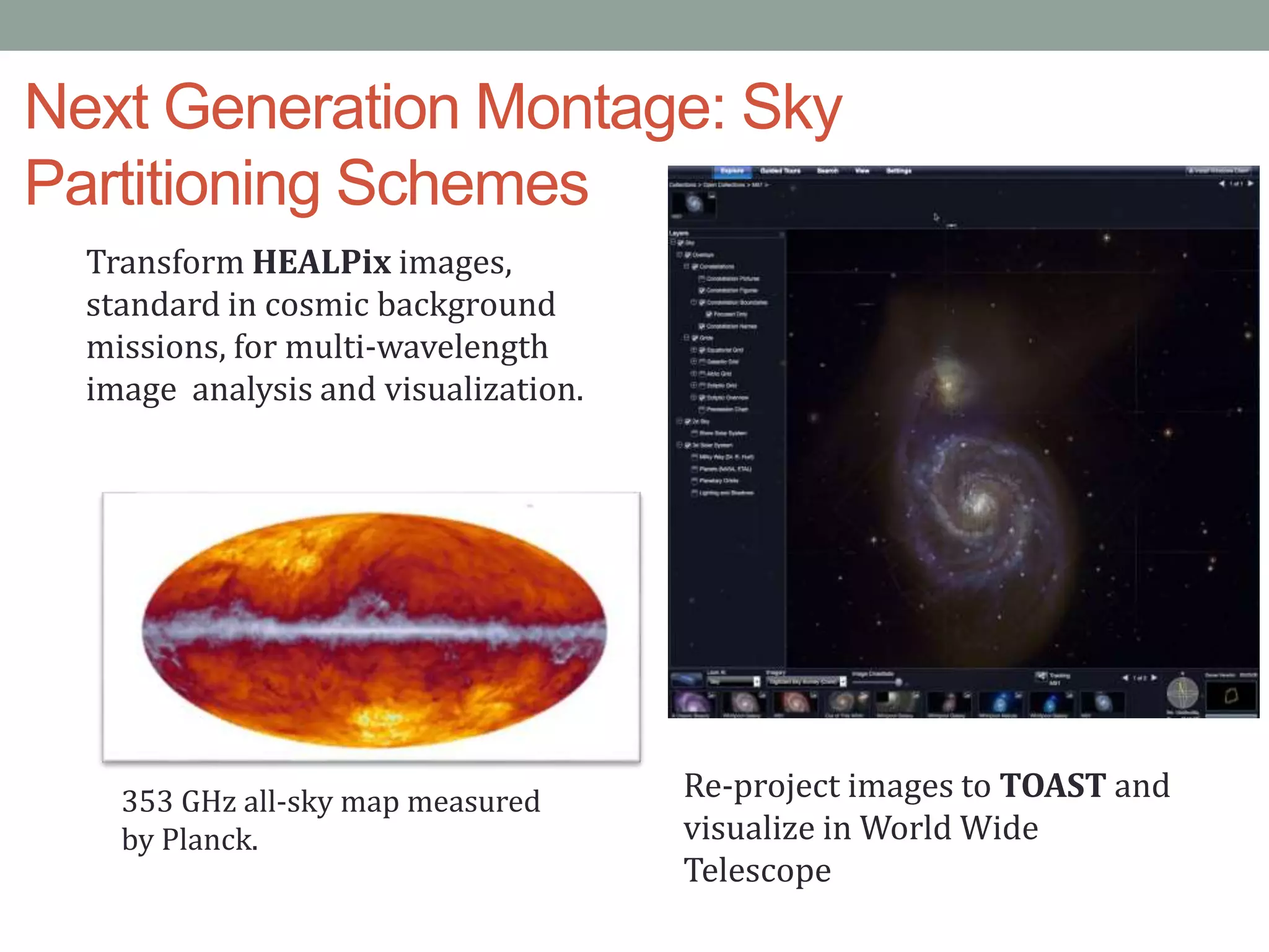 Next Generation Montage: Sky
Partitioning Schemes
Transform HEALPix images,
standard in cosmic background
missions, for multi-wavelength
image analysis and visualization.
353 GHz all-sky map measured
by Planck.
Re-project images to TOAST and
visualize in World Wide
Telescope
 