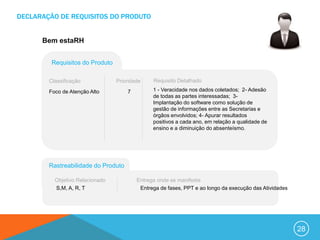 DECLARAÇÃO DE REQUISITOS DO PRODUTO


      Bem estaRH


         Requisitos do Produto

        Classificação            Prioridade    Requisito Detalhado

        Foco de Atenção Alto         7         1 - Veracidade nos dados coletados; 2- Adesão
                                               de todas as partes interessadas; 3-
                                               Implantação do software como solução de
                                               gestão de informações entre as Secretarias e
                                               órgãos envolvidos; 4- Apurar resultados
                                               positivos a cada ano, em relação a qualidade de
                                               ensino e a diminuição do absenteísmo.




        Rastreabilidade do Produto

          Objetivo Relacionado           Entrega onde se manifesta
          S,M, A, R, T                    Entrega de fases, PPT e ao longo da execução das Atividades




                                                                                                        28
 