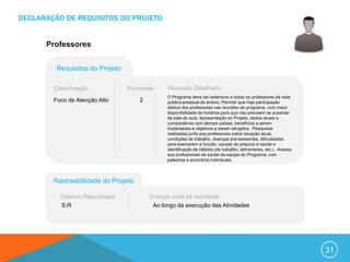 DECLARAÇÃO DE REQUISITOS DO PROJETO


      Professores


         Requisitos do Projeto

        Classificação            Prioridade    Requisito Detalhado
                                               O Programa deve ser extensivo a todos os professores da rede
        Foco de Atenção Alto         2         publica estadual de ensino. Permitir que haja participação
                                               efetiva dos professores nas reuniões do programa, com maior
                                               disponibilidade de horários para que não precisem se ausentar
                                               da sala de aula. Apresentação do Projeto, dados atuais e
                                               comparativos com demais países, benefícios a serem
                                               implantados e objetivos a serem atingidos. Pesquisas
                                               realizadas junto aos professores sobre situação atual,
                                               condições de trabalho, doenças pré-existentes, dificuldades
                                               para exercerem a função, causas de prejuízo à saúde e
                                               identificação de hábitos (de trabalho, alimentares, etc.) . Acesso
                                               aos profissionais de saúde da equipe do Programa, com
                                               palestras e encontros individuais.



        Rastreabilidade do Projeto

          Objetivo Relacionado           Entrega onde se manifesta
          S.R                             Ao longo da execução das Atividades




                                                                                                                    31
 