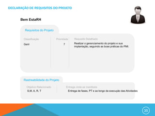 DECLARAÇÃO DE REQUISITOS DO PROJETO


      Bem EstaRH


         Requisitos do Projeto

        Classificação            Prioridade      Requisito Detalhado

        Gerir                          7         Realizar o gerenciamento do projeto e sua
                                                 implantação, seguindo as boas práticas do PMI.




        Rastreabilidade do Projeto

          Objetivo Relacionado             Entrega onde se manifesta
          S,M, A, R, T                      Entrega de fases, PT e ao longo da execução das Atividades




                                                                                                         35
 