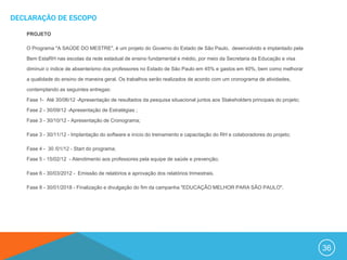 DECLARAÇÃO DE ESCOPO

   PROJETO

   O Programa "A SAÚDE DO MESTRE", é um projeto do Governo do Estado de São Paulo, desenvolvido e implantado pela

   Bem EstaRH nas escolas da rede estadual de ensino fundamental e médio, por meio da Secretaria da Educação e visa

   diminuir o índice de absenteísmo dos professores no Estado de São Paulo em 45% e gastos em 40%, bem como melhorar

   a qualidade do ensino de maneira geral. Os trabalhos serão realizados de acordo com um cronograma de atividades,

   contemplando as seguintes entregas:

   Fase 1- Até 30/06/12 -Apresentação de resultados da pesquisa situacional juntos aos Stakeholders principais do projeto;

   Fase 2 - 30/09/12 -Apresentação de Estratégias ;

   Fase 3 - 30/10/12 - Apresentação de Cronograma;

   Fase 3 - 30/11/12 - Implantação do software e início do treinamento e capacitação do RH e colaboradores do projeto;

   Fase 4 - 30 /01/12 - Start do programa;

   Fase 5 - 15/02/12 - Atendimento aos professores pela equipe de saúde e prevenção;

   Fase 6 - 30/03/2012 - Emissão de relatórios e aprovação dos relatórios trimestrais.

   Fase 8 - 30/01/2018 - Finalização e divulgação do fim da campanha "EDUCAÇÃO MELHOR PARA SÃO PAULO".




                                                                                                                             36
 