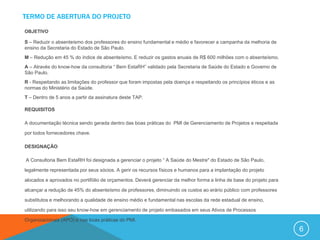 TERMO DE ABERTURA DO PROJETO

OBJETIVO

S – Reduzir o absenteísmo dos professores do ensino fundamental e médio e favorecer a campanha da melhoria de
ensino da Secretaria do Estado de São Paulo.
M – Redução em 45 % do índice de absenteísmo. E reduzir os gastos anuais de R$ 600 milhões com o absenteísmo.
A – Através do know-how da consultoria “ Bem EstaRH” validado pela Secretaria de Saúde do Estado e Governo de
São Paulo.
R - Respeitando as limitações do professor que foram impostas pela doença e respeitando os princípios éticos e as
normas do Ministério da Saúde.
T – Dentro de 5 anos a partir da assinatura deste TAP.

REQUISITOS

A documentação técnica sendo gerada dentro das boas práticas do PMI de Gerenciamento de Projetos e respeitada

por todos fornecedores chave.

DESIGNAÇÃO

A Consultoria Bem EstaRH foi designada a gerenciar o projeto “ A Saúde do Mestre" do Estado de São Paulo,

legalmente representada por seus sócios. A gerir os recursos físicos e humanos para a implantação do projeto

alocados e aprovados no portifólio de orçamentos. Deverá gerenciar da melhor forma a linha de base do projeto para

alcançar a redução de 45% do absenteísmo de professores, diminuindo os custos ao erário público com professores

substitutos e melhorando a qualidade de ensino médio e fundamental nas escolas da rede estadual de ensino,

utilizando para isso seu know-how em gerenciamento de projeto embasados em seus Ativos de Processos

Organizacionais (APO) e nas boas práticas do PMI.
                                                                                                                     6
 