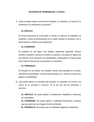 ACTIVIDAD DE APRENDIZAJE 3. ETAPA 1




1. ¿Qué concepto podría comunicar el triangulo, el cuadrado y el circulo si lo
   invertimos o le cambiamos su posición?


   -   EL CIRCULO

   El círculo representa la continuidad, lo infinito, la rotación, la totalidad y la
   repetición y tiene la particularidad de no poder cambiar su posición, por lo
   tanto tampoco cambia lo que representa.

   -   EL CUADRADO

   El cuadrado es una figura muy estable, representa seguridad, firmeza
   rectitud y equilibrio, cuando se cambia su posición y se apoya en alguno de
   sus vértices, da la sensación de inestabilidad y desequilibrio, al igual puede
   dar la idea de riqueza por su parecido a un diamante.

   -   EL TRIANGULO

   El triangulo es una figura muy estable cuando esta apoyada en su base,
   representa espiritualidad. Cuando esta apoyada en su vértice se asocia con
   peligro e inestabilidad.

2. ¿Se puede aplicar un concepto del triangulo, el cuadrado o el círculo a la
   marca de un producto o servicio?. Si es así que tipo de productos o
   servicios.


   -   EL CIRCULO: Se puede aplicar a fundaciones, hospitales y empresas
       de comestibles
   -   EL CUADRADO: Se puede aplicar a entidades financieras y siempre
       que se quiera dar una imagen formal y ordenada
   -   EL TRIANGULO: Se puede usar en entidades religiosas o esotéricas
 