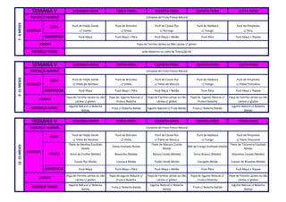SEMANA V               SEGUNDA-FEIRA                    TERCA-FEIRA                     QUARTA-FEIRA                       QUINTA-FEIRA                    SEXTA-FEIRA
                REFORÇO MANHÃ                                                                     Compota de Fruta Fresca Natural
7 - 8 MESES
                          SOPA          Puré de Feijão Verde            Puré de Brócolos                 Puré de Couve-flor                  Puré de Abóbora              Puré de Pimpinela
               ALMOÇO                         c/ Coelho                      c/ Vitela                       c/ Borrego                         c/ Frango                       c/ Peru
                        SOBREMESA            Puré Maça                  Puré Maça + Pêra                 Puré Maça + Melão                      Puré Pêra                 Puré Maça + Papaia

                    LANCHE                                                                 Papa de Farinha Láctea ou Não Láctea c/ glúten

                 REFORÇO TARDE                                                                 Leite Materno ou Leite de Transição (II)



                 SEMANA V               SEGUNDA-FEIRA                    TERCA-FEIRA                     QUARTA-FEIRA                       QUINTA-FEIRA                    SEXTA-FEIRA
                REFORÇO MANHÃ                                                                     Compota de Fruta Fresca Natural
9 -11 MESES




                          SOPA          Puré de Feijão Verde            Puré de Brócolos                 Puré de Couve-flor                  Puré de Abóbora              Puré de Pimpinela
               ALMOÇO                   c/ Filete de Abrótea                c/ Vitela                    c/ Filete de Maruca                    c/ Frango                 c/ Filete Tintureira

                        SOBREMESA            Puré Maça                  Puré Maça + Pêra                 Puré Maça + Melão                      Puré Pêra                 Puré Maça + Papaia

                                    Papa de Farinha Láctea ou não   Papa de Iogurte Natural c/     Papa de Farinha Láctea ou não      Papa de Iogurte Natural c/     Papa de Farinha Láctea ou não
                    LANCHE
                                          Láctea c/ glúten               Fruta e Bolacha                 Láctea c/ glúten                  Fruta e Bolacha                 Láctea c/ glúten
                                     Iogurte Natural c/ Bolacha                                                                                                       Iogurte Natural c/ Bolacha
                 REFORÇO TARDE                                       Fruta c/ Bolacha Batida       Iogurte Natural c/ Fruta Batida        Fruta c/ Bolacha Batida
                                               Batida                                                                                                                           Batida


                 SEMANA V               SEGUNDA-FEIRA                    TERCA-FEIRA                     QUARTA-FEIRA                       QUINTA-FEIRA                    SEXTA-FEIRA
                REFORÇO MANHÃ                                                                     Compota de Fruta Fresca Natural

                                        Puré de Feijão Verde            Puré de Brócolos                 Puré de Couve-flor                  Puré de Abóbora              Puré de Pimpinela
                          SOPA
                                        c/ Filete de Abrótea                c/ Vitela                    c/ Filete de Maruca                    c/ Frango                 c/ Filete Tintureira
                                     Filete de Abrótea Estufado                                       Filete de Maruca Cozido                                        Filete de Tintureira Estufado
12 -23 MESES




                                                                      Vitela Estufada Moída                                          Bife de Frango Grelhado Moído
                                                Moído                                                          Moído                                                             Moído
               ALMOÇO
                          PRATO       Arroz de Ervilha (Moído)          Massinha (Moída)               Batata Cozida (Moída)              Arroz Branco (Moído)         Massinha Corada (Moído)

                                          Couve-flor Moída               Cenoura Moída                   Feijão Verde Moído                  Courgete Moída           Couves de Bruxelas Moídas

                        SOBREMESA            Puré Maça                  Puré Maça + Pêra                 Puré Maça + Melão                      Puré Pêra                 Puré Maça + Papaia

                                    Papa de Farinha Láctea ou não   Papa de Iogurte Natural c/     Papa de Farinha Láctea ou não       Papa de Iogurte Natural c/    Papa de Farinha Láctea ou não
                    LANCHE
                                          Láctea c/ glúten               Fruta e Bolacha                 Láctea c/ glúten                   Fruta e Bolacha                Láctea c/ glúten
                                     Iogurte Natural c/ Bolacha                                      Iogurte Natural c/ Bolacha                                       Iogurte Natural c/ Bolacha
                 REFORÇO TARDE                                       Fruta c/ Bolacha Batida                                              Fruta c/ Bolacha Batida
                                               Batida                                                          Batida                                                           Batida
 