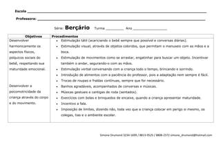 Escola ________________________________________________________________________________

    Professora: ___________________________________________________________________________


                            Série:   Berçário        Turma _________ Ano _________________

         Objetivos         Procedimentos
Desenvolver                     Estimulação tátil (acariciando o bebê sempre que possível e conversas diárias).
harmonicamente os               Estimulação visual, através de objetos coloridos, que permitam o manuseio com as mãos e a
aspectos físicos,               boca.
psíquicos sociais do            Estimulação de movimentos como se arrastar, engatinhar para buscar um objeto. Incentivar
bebê, respeitando sua           também o andar, segurando-o com as mãos.
maturidade emocional.           Estimulação verbal conversando com a criança todo o tempo, brincando e sorrindo.
                                Introdução de alimentos com a paciência do professor, pois a adaptação nem sempre é fácil.
                                Trocas de roupas e fraldas contínuas, sempre que for necessário.
Desenvolver a                   Banhos agradáveis, acompanhados de conversas e músicas.
psicomotricidade da             Músicas gestuais e cantigas de roda (sentados).
criança através do corpo        Exercícios com bolas e brinquedos de encaixe, quando a criança apresentar maturidade.
e do movimento.                 Incentivo a fala.
                                Imposição de limites, dizendo não, toda vez que a criança colocar em perigo si mesmo, os
                                colegas, tias e o ambiente escolar.




                                                        Simone Drumond 3234-1699 / 8813-9525 / 8808-2372 simone_drumond@hotmail.com
 