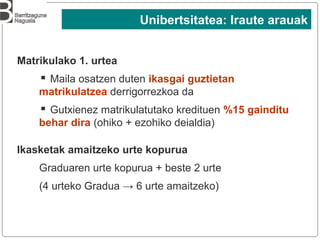 18
Matrikulako 1. urtea
▪ Maila osatzen duten ikasgai guztietan
matrikulatzea derrigorrezkoa da
▪ Gutxienez matrikulatutako kredituen %15 gainditu
behar dira (ohiko + ezohiko deialdia)
Ikasketak amaitzeko urte kopurua
Graduaren urte kopurua + beste 2 urte
(4 urteko Gradua → 6 urte amaitzeko)
Unibertsitatea: Iraute arauak
 