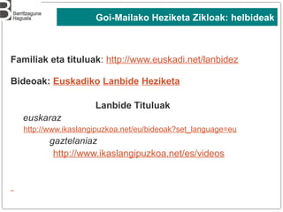 Familiak eta tituluak: http://www.euskadi.net/lanbidez
Bideoak: Euskadiko Lanbide Heziketa
Lanbide Tituluak
euskaraz
http://www.ikaslangipuzkoa.net/eu/bideoak?set_language=eu
gaztelaniaz
http://www.ikaslangipuzkoa.net/es/videos
Goi-Mailako Heziketa Zikloak: helbideak
 