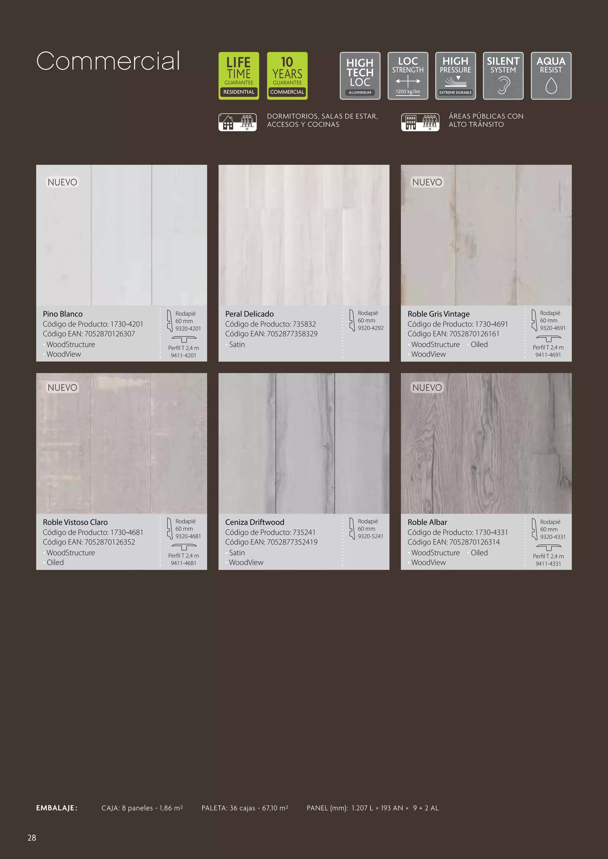 Commercial

D

Dormitorios, salas de estar,
accesos y cocinas

Nuevo

Pino Blanco
Código de Producto: 1730-4201
Código EAN: 7052870126307
• WoodStructure
• WoodView

Rodapié
60 mm
9320-4201
Perfil T 2,4 m
9411-4201

Peral Delicado
Código de Producto: 735832
Código EAN: 7052877358329
• Satin

Rodapié
60 mm
9320-4292

Roble Gris Vintage
Código de Producto: 1730-4691
Código EAN: 7052870126161
• WoodStructure	 • Oiled
• WoodView

Rodapié
60 mm
9320-4691
Perfil T 2,4 m
9411-4691

Nuevo

Rodapié
60 mm
9320-4681
Perfil T 2,4 m
9411-4681

EMBALAJE :  	 CAJA: 8 paneles - 1,86 m²	

28

Áreas públicas con
alto tránsito

Nuevo

Nuevo

Roble Vistoso Claro
Código de Producto: 1730-4681
Código EAN: 7052870126352
• WoodStructure
• Oiled

H

Ceniza Driftwood
Código de Producto: 735241
Código EAN: 7052877352419
• Satin
• WoodView

PALETA: 36 cajas - 67,10 m²	

Rodapié
60 mm
9320-5241

Roble Albar
Código de Producto: 1730-4331
Código EAN: 7052870126314
• WoodStructure	 • Oiled
• WoodView

PANEL (mm): 1.207 L × 193 AN × 9 + 2 AL

Rodapié
60 mm
9320-4331
Perfil T 2,4 m
9411-4331

 