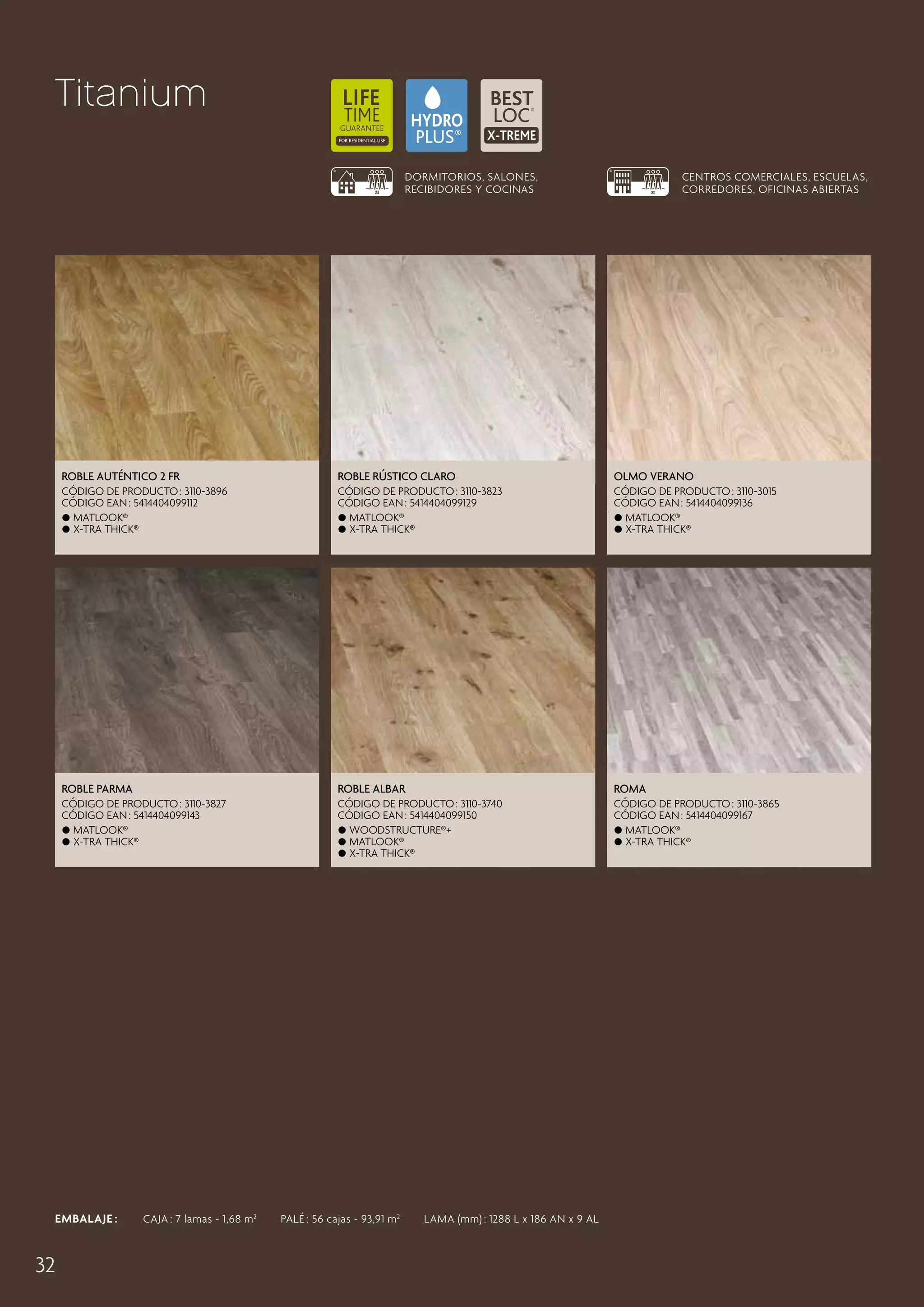 Titanium
DORMITORIOS, SALONES,
RECIBIDORES Y COCINAS

Centros comerciales, escuelas,
corredores, oficinas abiertas

Roble Auténtico 2 fr

roble rústico claro

Olmo Verano

CÓDIGO DE PRODUCTO : 3110-3896
CÓDIGO EAN : 5414404099112
 Matlook®
 X-tra thick®

CÓDIGO DE PRODUCTO : 3110-3823
CÓDIGO EAN : 5414404099129
 Matlook®
 X-tra thick®

CÓDIGO DE PRODUCTO : 3110-3015
CÓDIGO EAN : 5414404099136
 Matlook®
 X-tra thick®

Roble Parma

Roble Albar

Roma

CÓDIGO DE PRODUCTO : 3110-3827
CÓDIGO EAN : 5414404099143
 Matlook®
 X-tra thick®

CÓDIGO DE PRODUCTO : 3110-3740
CÓDIGO EAN : 5414404099150
 Woodstructure®+
 Matlook®
 X-tra thick®

CÓDIGO DE PRODUCTO : 3110-3865
CÓDIGO EAN : 5414404099167
 Matlook®
 X-tra thick®

EMBALAJE :   CAJA : 7 lamas - 1,68 m 2   PALÉ : 56 cajas - 93,91 m 2   LAMA (mm) : 1288 L x 186 AN x 9 AL

32

 