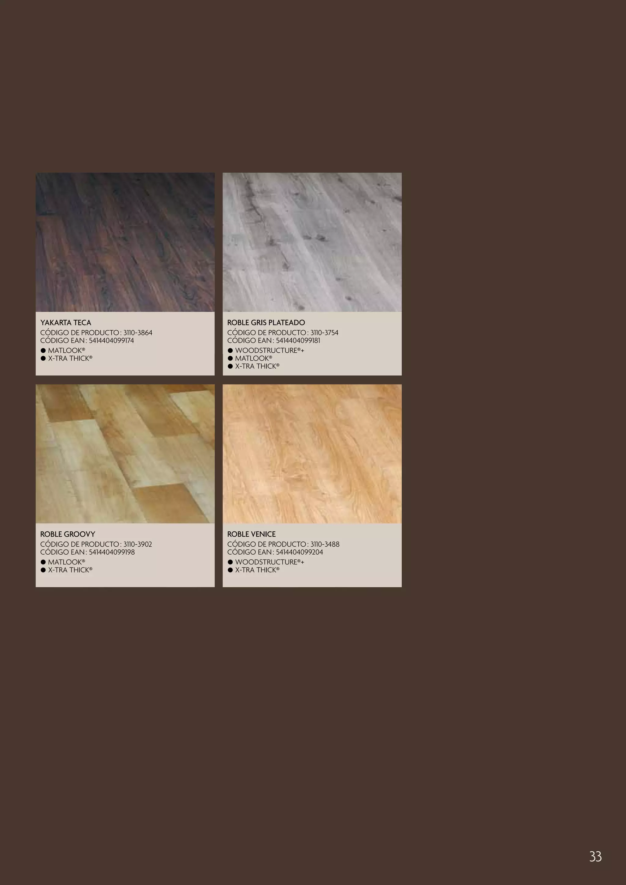 Yakarta Teca

Roble Gris Plateado
Hazelnoot Eik

CÓDIGO DE PRODUCTO : 3110-3864
CÓDIGO EAN : 5414404099174
 Matlook®
 X-tra thick®

CÓDIGO DE PRODUCTO : 3090-3869
3110-3754
CÓDIGO EAN : 5414404098993
5414404099181

 Woodstructure®+
 Matlook®
 X-tra thick®

Roble Groovy

Roble Venice

CÓDIGO DE PRODUCTO : 3110-3902
CÓDIGO EAN : 5414404099198
 Matlook®
 X-tra thick®

CÓDIGO DE PRODUCTO : 3110-3488
CÓDIGO EAN : 5414404099204
 Woodstructure®+
 X-tra thick®

33

 