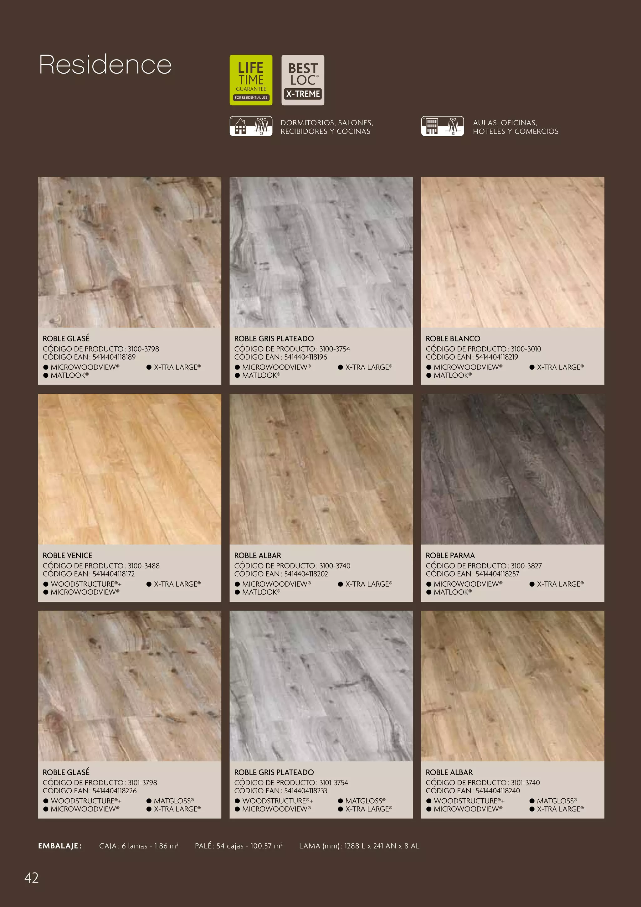 Residence
DORMITORIOS, SALONES,
RECIBIDORES Y COCINAS

AULAS, OFICINAS,
HOTELES Y COMERCIOS

Roble Glasé

Roble Gris Plateado

Roble Blanco

CÓDIGO DE PRODUCTO : 3100-3798
CÓDIGO EAN : 5414404118189
 MicroWoodview®
 X-tra large®
 Matlook®

CÓDIGO DE PRODUCTO : 3100-3754
CÓDIGO EAN : 5414404118196
 MicroWoodview®
 X-tra large®
 Matlook®

CÓDIGO DE PRODUCTO : 3100-3010
CÓDIGO EAN : 5414404118219
 MicroWoodview®
 X-tra large®
 Matlook®

Roble Venice

Roble Albar

Roble Parma

CÓDIGO DE PRODUCTO : 3100-3488
CÓDIGO EAN : 5414404118172
 Woodstructure®+
 X-tra large®
 MicroWoodview®

CÓDIGO DE PRODUCTO : 3100-3740
CÓDIGO EAN : 5414404118202
 MicroWoodview®
 X-tra large®
 Matlook®

CÓDIGO DE PRODUCTO : 3100-3827
CÓDIGO EAN : 5414404118257
 MicroWoodview®
 X-tra large®
 Matlook®

Roble Glasé

Roble Gris Plateado

Roble Albar

CÓDIGO DE PRODUCTO : 3101-3798
CÓDIGO EAN : 5414404118226
 Woodstructure®+
 Matgloss®
 MicroWoodview®
 X-tra large®

CÓDIGO DE PRODUCTO : 3101-3754
CÓDIGO EAN : 5414404118233
 Woodstructure®+
 Matgloss®
 MicroWoodview®
 X-tra large®

CÓDIGO DE PRODUCTO : 3101-3740
CÓDIGO EAN : 5414404118240
 Woodstructure®+
 Matgloss®
 MicroWoodview®
 X-tra large®

EMBALAJE :   CAJA : 6 lamas - 1,86 m 2   PALÉ : 54 cajas - 100,57 m 2   LAMA (mm) : 1288 L x 241 AN x 8 AL

42

 