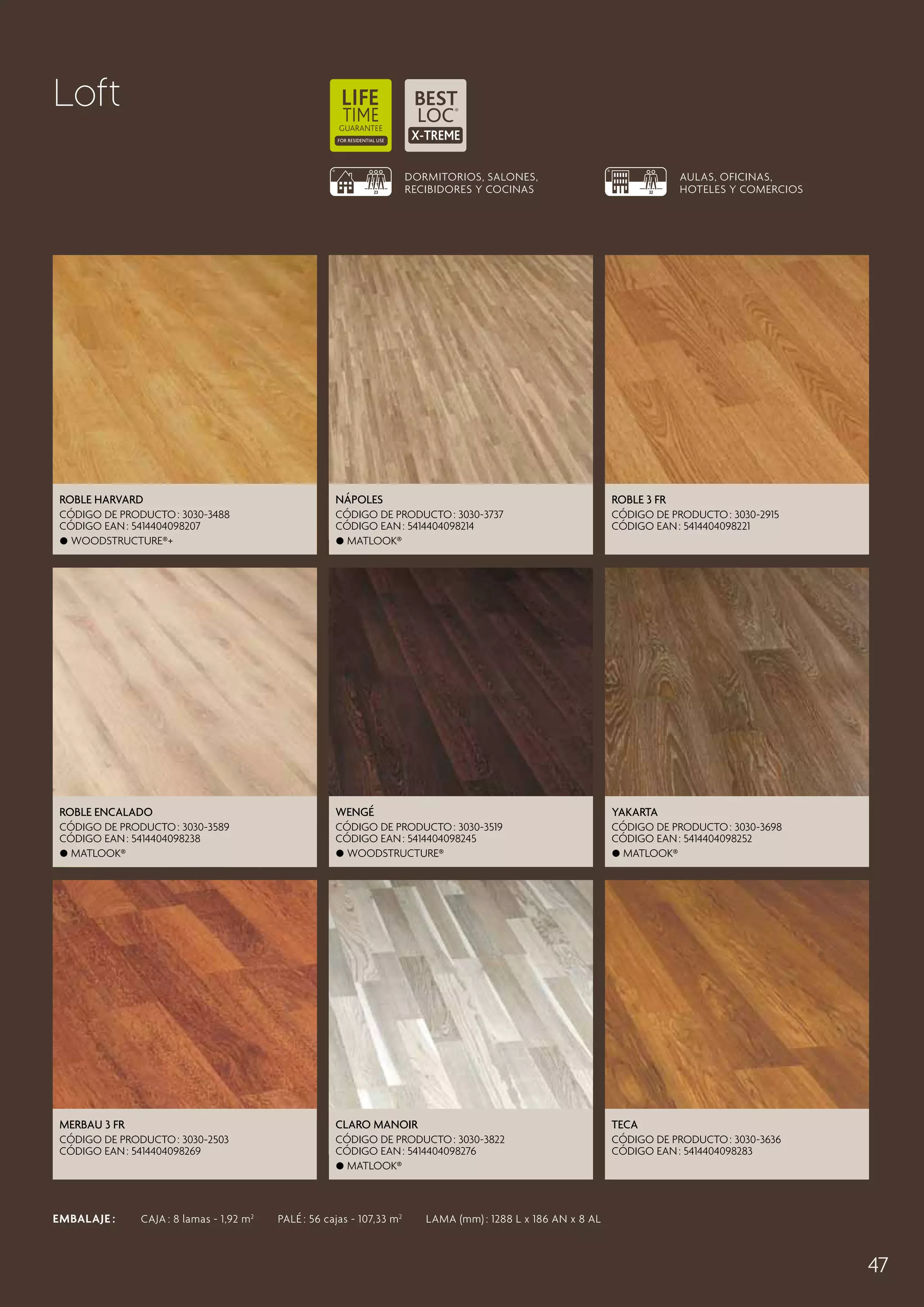 Loft
DORMITORIOS, SALONES,
RECIBIDORES Y COCINAS

AULAS, OFICINAS,
HOTELES Y COMERCIOS

Roble Harvard

Nápoles

Roble 3 Fr

CÓDIGO DE PRODUCTO : 3030-3488
CÓDIGO EAN : 5414404098207
 Woodstructure®+

CÓDIGO DE PRODUCTO : 3030-3737
CÓDIGO EAN : 5414404098214
 Matlook®

CÓDIGO DE PRODUCTO : 3030-2915
CÓDIGO EAN : 5414404098221

Roble Encalado

Wengé

Yakarta

CÓDIGO DE PRODUCTO : 3030-3589
CÓDIGO EAN : 5414404098238
 Matlook®

CÓDIGO DE PRODUCTO : 3030-3519
CÓDIGO EAN : 5414404098245
 Woodstructure®

CÓDIGO DE PRODUCTO : 3030-3698
CÓDIGO EAN : 5414404098252
 Matlook®

Merbau 3 Fr

Claro Manoir

TECA

CÓDIGO DE PRODUCTO : 3030-2503
CÓDIGO EAN : 5414404098269

CÓDIGO DE PRODUCTO : 3030-3822
CÓDIGO EAN : 5414404098276
 Matlook®

CÓDIGO DE PRODUCTO : 3030-3636
CÓDIGO EAN : 5414404098283

EMBALAJE :   CAJA : 8 lamas - 1,92 m 2   PALÉ : 56 cajas - 107,33 m 2   LAMA (mm) : 1288 L x 186 AN x 8 AL

47

 