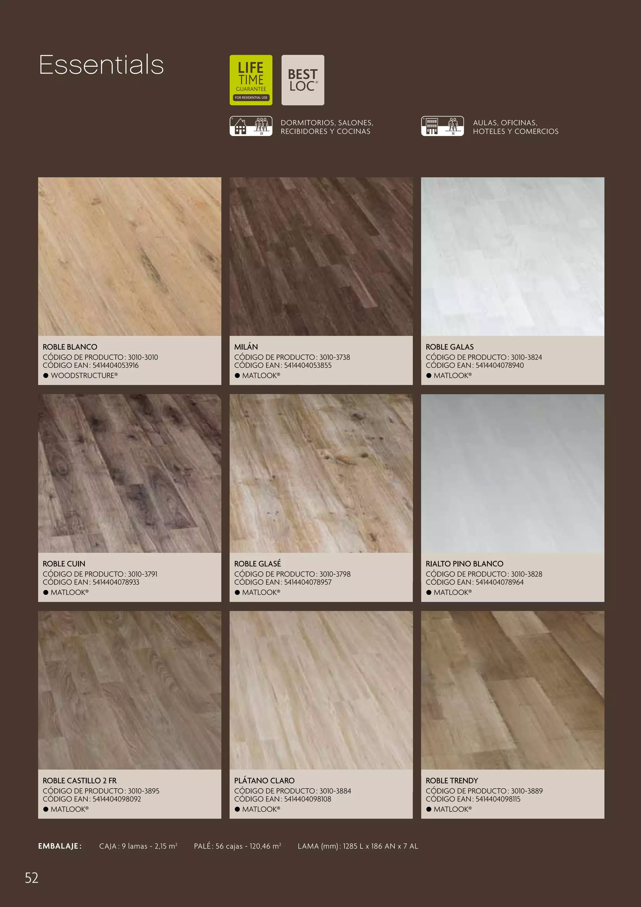Essentials
DORMITORIOS, SALONES,
RECIBIDORES Y COCINAS

AULAS, OFICINAS,
HOTELES Y COMERCIOS

Roble Blanco

Milán

Roble Galas

CÓDIGO DE PRODUCTO : 3010-3010
CÓDIGO EAN : 5414404053916
 Woodstructure®

CÓDIGO DE PRODUCTO : 3010-3738
CÓDIGO EAN : 5414404053855
 Matlook®

CÓDIGO DE PRODUCTO : 3010-3824
CÓDIGO EAN : 5414404078940
 Matlook®

Roble Cuin

Roble Glasé

Rialto Pino Blanco

CÓDIGO DE PRODUCTO : 3010-3791
CÓDIGO EAN : 5414404078933
 Matlook®

CÓDIGO DE PRODUCTO : 3010-3798
CÓDIGO EAN : 5414404078957
 Matlook®

CÓDIGO DE PRODUCTO : 3010-3828
CÓDIGO EAN : 5414404078964
 Matlook®

Roble Castillo 2 Fr

Plátano Claro

Roble Trendy

CÓDIGO DE PRODUCTO : 3010-3895
CÓDIGO EAN : 5414404098092
 Matlook®

CÓDIGO DE PRODUCTO : 3010-3884
CÓDIGO EAN : 5414404098108
 Matlook®

CÓDIGO DE PRODUCTO : 3010-3889
CÓDIGO EAN : 5414404098115
 Matlook®

EMBALAJE :   CAJA : 9 lamas - 2,15 m 2   PALÉ : 56 cajas - 120,46 m 2   LAMA (mm) : 1285 L x 186 AN x 7 AL

52

 