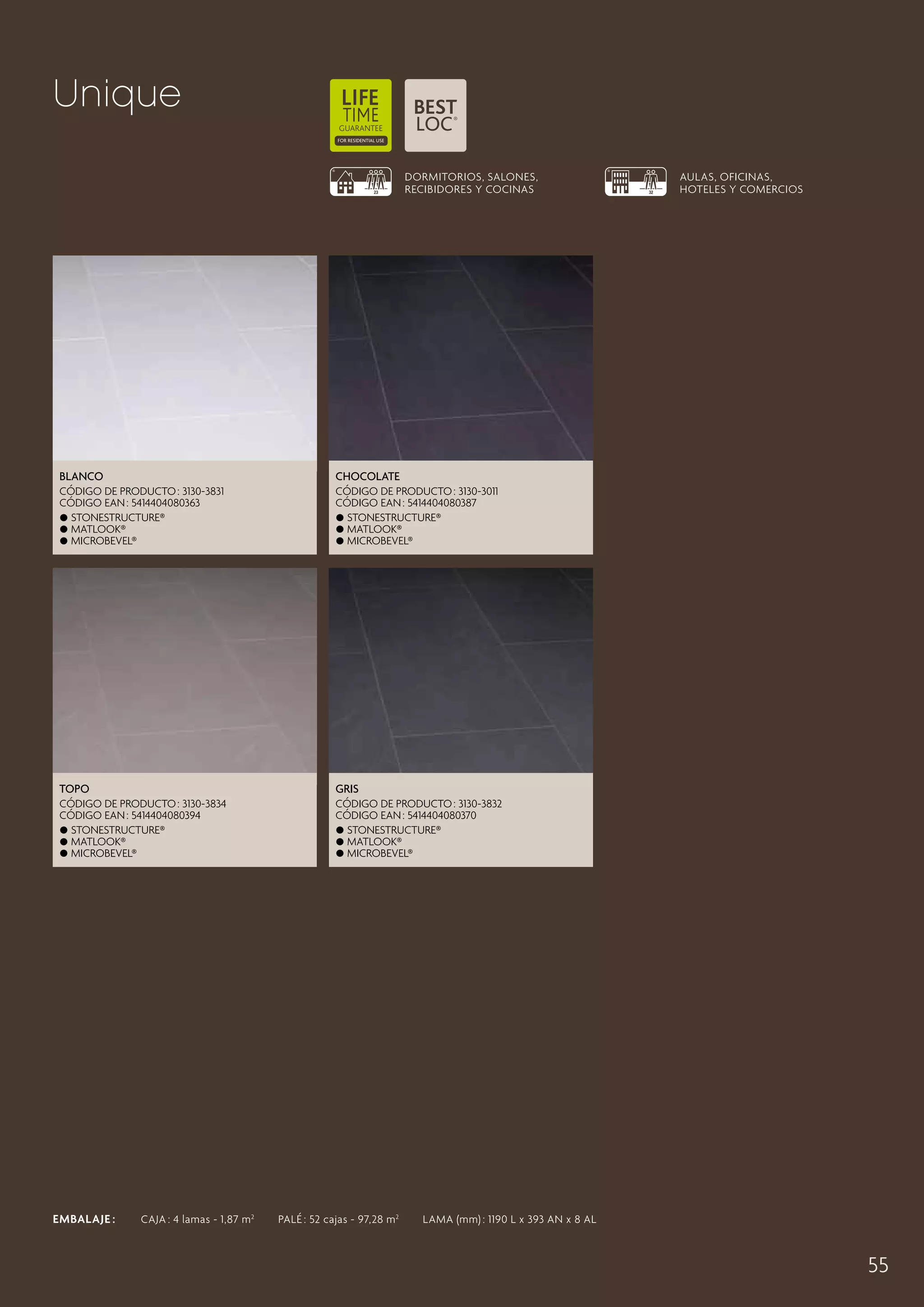 Unique
DORMITORIOS, SALONES,
RECIBIDORES Y COCINAS

Blanco

Chocolate

CÓDIGO DE PRODUCTO : 3130-3831
CÓDIGO EAN : 5414404080363
 Stonestructure®
 Matlook®
 microbevel®

CÓDIGO DE PRODUCTO : 3130-3011
CÓDIGO EAN : 5414404080387
 Stonestructure®
 Matlook®
 microbevel®

Topo

Gris

CÓDIGO DE PRODUCTO : 3130-3834
CÓDIGO EAN : 5414404080394
 Stonestructure®
 Matlook®
 microbevel®

AULAS, OFICINAS,
HOTELES Y COMERCIOS

CÓDIGO DE PRODUCTO : 3130-3832
CÓDIGO EAN : 5414404080370
 Stonestructure®
 Matlook®
 microbevel®

EMBALAJE :   CAJA : 4 lamas - 1,87 m 2   PALÉ : 52 cajas - 97,28 m 2   LAMA (mm) : 1190 L x 393 AN x 8 AL

55

 