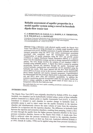 Berryman et al (2008)   Reliable Assessment Of Aquifer Properties In A Model Aquifer System Using A Novel In Borehole Dipole Flow And Tracer Test. IAHS Press. Gq07