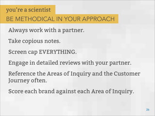 Always work with a partner.
Take copious notes.
Screen cap EVERYTHING.
Engage in detailed reviews with your partner.
Reference the Areas of Inquiry and the Customer
Journey often.
Score each brand against each Area of Inquiry.
26
you’re a scientist
BE METHODICAL IN YOUR APPROACH
 