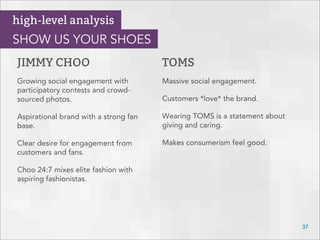 JIMMY CHOO
Growing social engagement with
participatory contests and crowd-
sourced photos.
Aspirational brand with a strong fan
base.
Clear desire for engagement from
customers and fans.
Choo 24:7 mixes elite fashion with
aspiring fashionistas.
37
high-level analysis
SHOW US YOUR SHOES
TOMS
Massive social engagement.
Customers *love* the brand.
Wearing TOMS is a statement about
giving and caring.
Makes consumerism feel good.
 