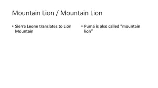 Mountain Lion / Mountain Lion
• Sierra Leone translates to Lion
Mountain
• Puma is also called “mountain
lion”
 