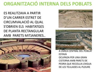 ORGANITZACIÓ INTERNA DELS POBLATS
ES REALITZAVA A PARTIR
D’UN CARRER ESTRET DE
CIRCUMVALACIÓ AL QUAL
S’OBRIEN ELS HABITATGES
DE PLANTA RECTANGULAR
AMB PARETS MITJANERES..



                          A L’ÀREA CENTRAL DEL POBLAT
                          ESTAVA
                          OCUPADA PER UNA GRAN
                          CISTERNA AMB PARETS DE
                          PEDRA QUE RECOLLIA L’AIGUA
                          DE LES TEULADES AL PLOURE
 