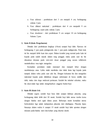 10
a. Fase aklerasi : pembukaan dari 3 cm menjadi 4 cm, berlangsung
selama 2 jam.
b. Fase dilatasi maksimal : pembukaan dari 4 cm menjaddi 9 cm
berlangsung cepat yaitu selama 2 jam.
c. Fase deselerasi : dari pembukaan 9 cm sampai 10 cm berlangsung
Selama 2 jam.
2. Kala II (Kala Pengeluaran)
Dimulai dari pembukaan lengkap (10cm) sampai bayi lahir. Pproses ini
berlangsung 2 jam pada primigravida dan 1 jam pada multigravida. Pada kala
ini his menjadi lebih kuat dan cepat. Dalam kondisi yang normal pada kala ini
kepala janin sudah masuk dalam rang panggul, maka pada saat itu his
dirasakan tekanan pada otot-otot dasar panggul yang secara reflektoris
menimbulkan rasa ingin mengedan.
Kemudian pereinium mulai menonjol dan menjadi lebar dengan
membukanya anus. Labia mulai membuka dan tidak lama lagi kepala janin
tampak dalam vulva pada saat ada his. Dengan kekuatan his dan mengedan
maksimal kepala janin dilahirkan dengan suboksiput di bawa simfilis dan
dahi, muka dan dagu melewati perineum. Setelah his istirahat sebentar, maka
his akan mulai lagi untuk mengeluarkan anggota badan bayi.
3. Kala III (Kala Uri)
Dimulai segera setelah bayi baru lahir sampai lahirnya plasenta, yang
berlangsung tidak lebih dari 30 menit. Setelah bayi lahir uterus teraba keras
dengan fundus uteri agak diatas pusat. Beberapa menit kemudian uterus
berkontraksi lagi untuk melepaskan plasenta dari dindingnya. Plasenta lepas
biasanya dalam waktu 6 sampai 15 menit setelah bayi lahir spontan dengan
tekanan pada fundus uteri dan keluar yang disertai darah.
 