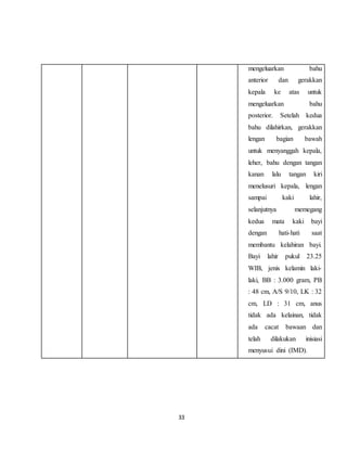 33
mengeluarkan bahu
anterior dan gerakkan
kepala ke atas untuk
mengeluarkan bahu
posterior. Setelah kedua
bahu dilahirkan, gerakkan
lengan bagian bawah
untuk menyanggah kepala,
leher, bahu dengan tangan
kanan lalu tangan kiri
menelusuri kepala, lengan
sampai kaki lahir,
selanjutnya memegang
kedua mata kaki bayi
dengan hati-hati saat
membantu kelahiran bayi.
Bayi lahir pukul 23.25
WIB, jenis kelamin laki-
laki, BB : 3.000 gram, PB
: 48 cm, A/S 9/10, LK : 32
cm, LD : 31 cm, anus
tidak ada kelainan, tidak
ada cacat bawaan dan
telah dilakukan inisiasi
menyusui dini (IMD).
 
