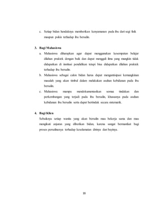 39
c. Setiap bidan hendaknya memberikan kenyamanan pada ibu dari segi fisik
maupun psikis terhadap ibu bersalin.
3. Bagi Mahasiswa
a. Mahasiswa diharapkan agar dapat menggunakan kesempatan belajar
dilahan praktek dengan baik dan dapat menggali ilmu yang mungkin tidak
didapatkan di institusi pendidikan tetapi bisa didapatkan dilahan praktek
terhadap ibu bersalin.
b. Mahasiswa sebagai calon bidan harus dapat mengantisipasi kemungkinan
masalah yang akan timbul dalam melakukan asuhan kebidanan pada ibu
bersalin.
c. Mahasiswa mampu mendokumentasikan semua tindakan dan
perkembangan yang terjadi pada ibu bersalin, khususnya pada asuhan
kebidanan ibu bersalin serta dapat bertindak secara sistematik.
4. Bagi Klien
Sebaiknya setiap wanita yang akan bersalin mau bekerja sama dan mau
mengikuti anjuran yang diberikan bidan, karena sangat bermanfaat bagi
proses persalinanya terhadap keselamatan dirinya dan bayinya.
 