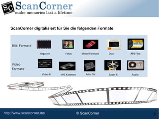 http://www.scancorner.de/ 5
Bild Formate
Negative Fotos Mittel Formate Dias APS Film
Video
Formate
Video 8 VHS Kasetten Mini DV Super 8 Audio
ScanCorner digitalisiert für Sie die folgenden Formate
© ScanCorner
 