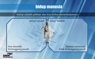 hidup manusia
       hidup adalah pilihan dan kita bebas menentukannya

                    dalam kendali   diluar kendali




bisa memilih                                      dipaksa menerima
bertanggung jawab                           tidak bertanggung jawab
 