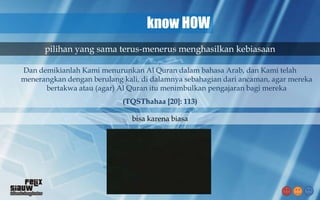 know HOW
      pilihan yang sama terus-menerus menghasilkan kebiasaan

Dan demikianlah Kami menurunkan Al Quran dalam bahasa Arab, dan Kami telah
menerangkan dengan berulang kali, di dalamnya sebahagian dari ancaman, agar mereka
      bertakwa atau (agar) Al Quran itu menimbulkan pengajaran bagi mereka
                            (TQSThahaa [20]: 113)

                               bisa karena biasa
 