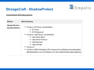 StroageCraft - ShadowProtect
Unterstützte Betriebssysteme
 