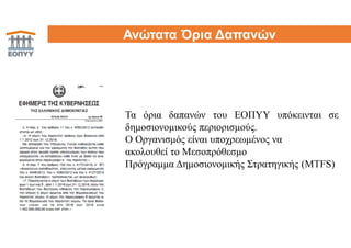 Ανώτατα Όρια Δαπανών
Τα όρια δαπανών του ΕΟΠΥΥ υπόκεινται σε
δημοσιονομικούς περιορισμούς.
Ο Οργανισμός είναι υποχρεωμένος να
ακολουθεί το Μεσοπρόθεσμο
Πρόγραμμα Δημοσιονομικής Στρατηγικής (MTFS)
 