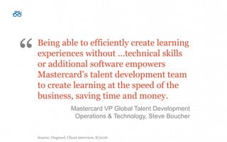 Presentation title
[To edit, click View > Slide Master > Slide master1]
Copyright © 2016 Deloitte Development LLC. All rights reserved. 17
Being able to efficiently create learning
experiences without …technical skills
or additional software empowers
Mastercard’s talent development team
to create learning at the speed of the
business, saving time and money.
Mastercard VP Global Talent Development
Operations & Technology, Steve Boucher
“
Source: Degreed, Client interview, 8/2016
 