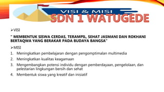 VISI
“ MEMBENTUK SISWA CERDAS, TERAMPIL, SEHAT JASMANI DAN ROKHANI
BERTAQWA YANG BERAKAR PADA BUDAYA BANGSA”
MISI
1. Meningkatkan pembelajaran dengan pengomptimalan multimedia
2. Meningkatkan kualitas keagamaan
3. Mengembangkan potensi individu dengan pemberdayaan, pengelolaan, dan
pelestarian lingkungan bersih dan sehat
4. Membentuk siswa yang kreatif dan inisiatif
 