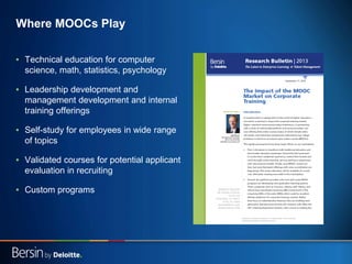 Where MOOCs Play
▪ Technical education for computer
science, math, statistics, psychology
▪ Leadership development and
man...