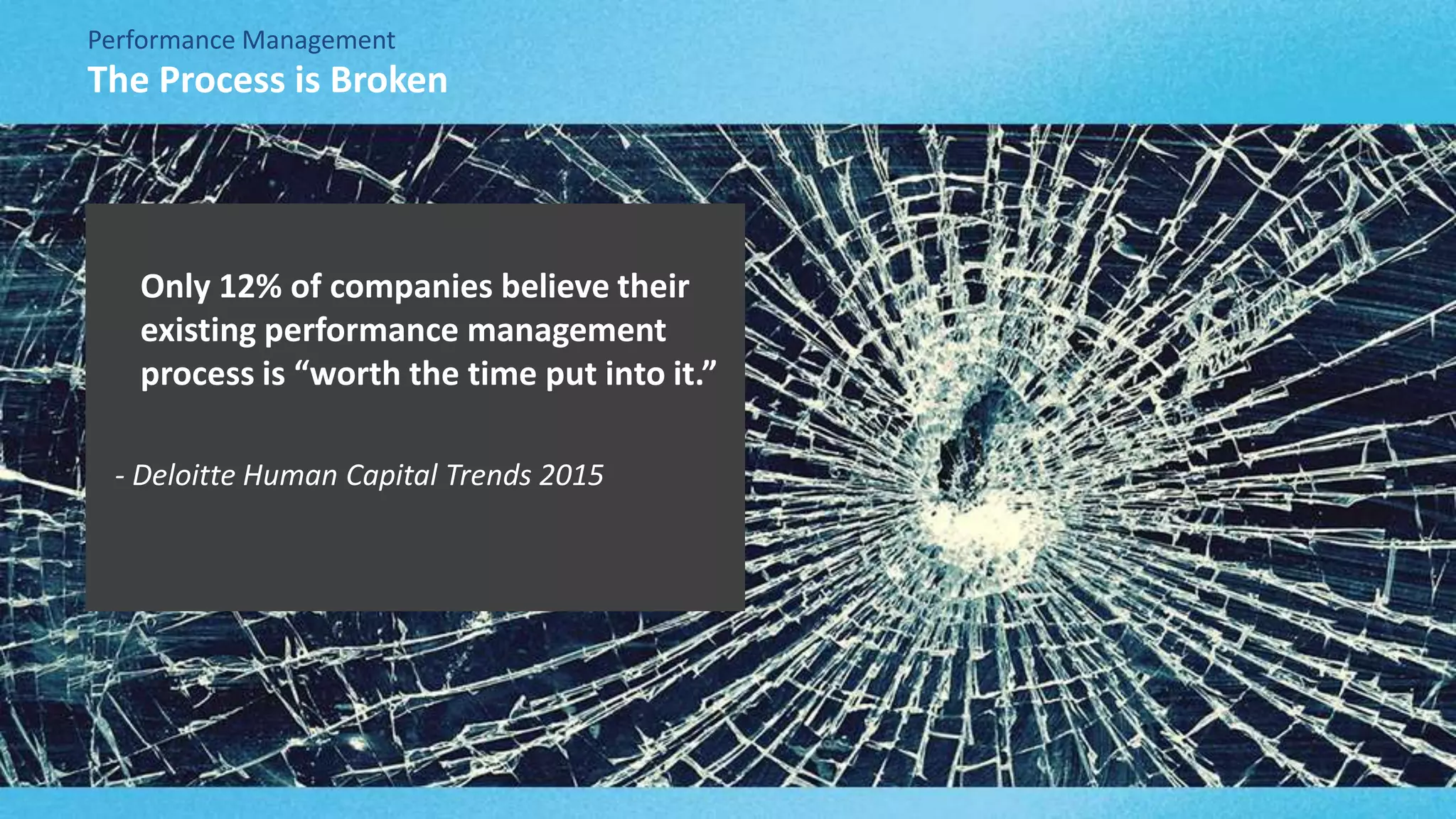 Copyright © 2015 Deloitte Development LLC. All rights reserved.15 Global Human Capital Trends 2015
Performance Management
Only 12% of companies believe their
existing performance management
process is “worth the time put into it.”
- Deloitte Human Capital Trends 2015
The Process is Broken
 