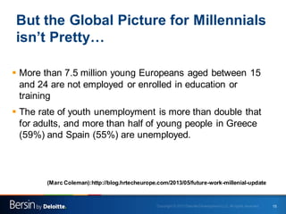 But the Global Picture for Millennials
isn’t Pretty…
 More than 7.5 million young Europeans aged between 15
and 24 are no...