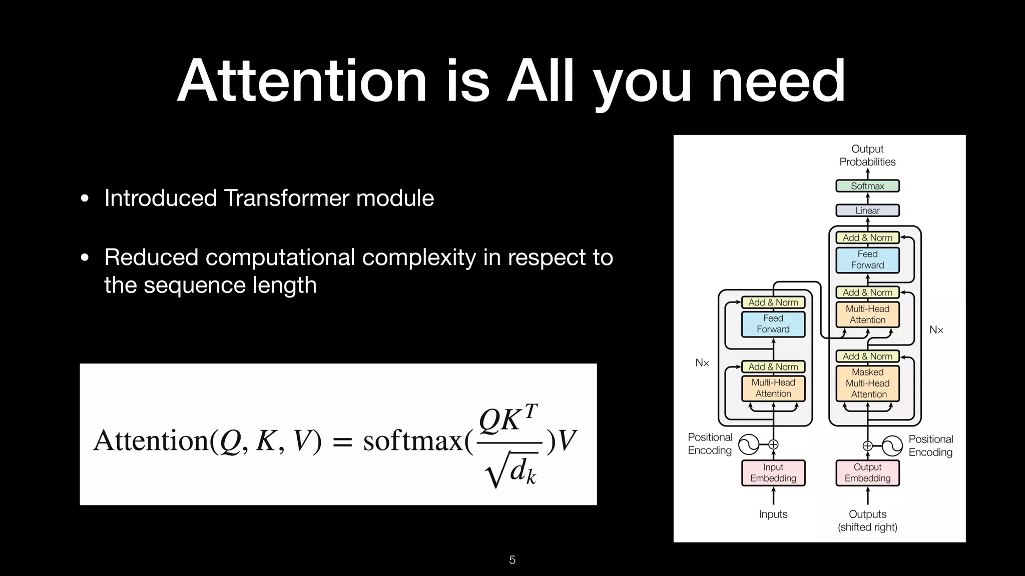Attention is All you need
• Introduced Transformer module

• Reduced computational complexity in respect to
the sequence length
!5
 