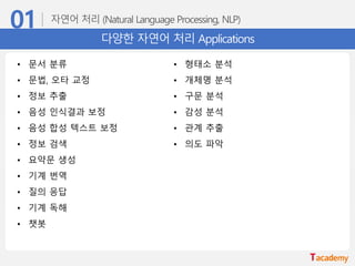 다양한 자연어 처리 Applications
• 문서 분류
• 문법, 오타 교정
• 정보 추출
• 음성 인식결과 보정
• 음성 합성 텍스트 보정
• 정보 검색
• 요약문 생성
• 기계 번역
• 질의 응답
• 기계 독해
• 챗봇
• 형태소 분석
• 개체명 분석
• 구문 분석
• 감성 분석
• 관계 추출
• 의도 파악
 