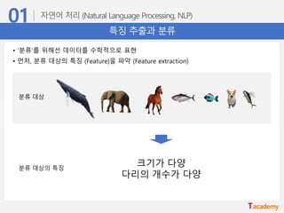 특징 추출과 분류
• ‘분류’를 위해선 데이터를 수학적으로 표현
• 먼저, 분류 대상의 특징 (Feature)을 파악 (Feature extraction)
분류 대상
크기가 다양
다리의 개수가 다양
분류 대상의 특징
 