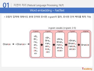 Word embedding – FastText
• 오탈자 입력에 대해서도 본래 단어와 유사한 n-gram이 많아, 유사한 단어 벡터를 획득 가능
Oranze <Oranze>
n-gram vocabs (n-gram: 2-5)
<O,
Or,
ra,
an,
nz,
ze,
e>
<Or,
Ora,
ran,
anz,
nze,
ze>
<Ora,
Oran,
ranz,
anze,
nze>
<Oran,
Oranz,
ranze,
anze>
Oranze
2-gram 3-gram 4-gram 5-gram original
 