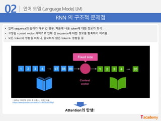 RNN 의 구조적 문제점
• 입력 sequence의 길이가 매우 긴 경우, 처음에 나온 token에 대한 정보가 희석
• 고정된 context vector 사이즈로 인해 긴 sequence에 대한 정보를 함축하기 어려움
• 모든 token이 영향을 미치니, 중요하지 않은 token도 영향을 줌
* [딥러닝 기계번역] 시퀀스 투 시퀀스 + 어텐션 모델
(https://www.youtube.com/watch?v=WsQLdu2JMgI)
Attention의 탄생!
 