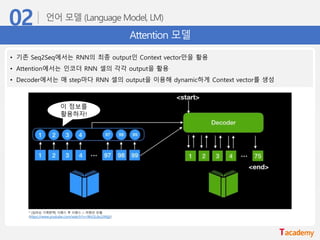 Attention 모델
• 기존 Seq2Seq에서는 RNN의 최종 output인 Context vector만을 활용
• Attention에서는 인코더 RNN 셀의 각각 output을 활용
• Decoder에서는 매 step마다 RNN 셀의 output을 이용해 dynamic하게 Context vector를 생성
이 정보를
활용하자!
* [딥러닝 기계번역] 시퀀스 투 시퀀스 + 어텐션 모델
(https://www.youtube.com/watch?v=WsQLdu2JMgI)
 