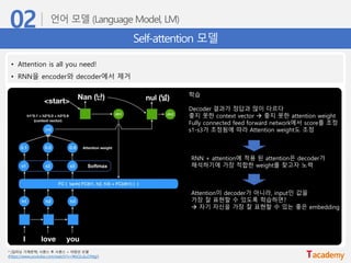 Self-attention 모델
• Attention is all you need!
• RNN을 encoder와 decoder에서 제거
RNN + attention에 적용 된 attention은 decoder가
해석하기에 가장 적합한 weight를 찾고자 노력
학습
Decoder 결과가 정답과 많이 다르다
좋지 못한 context vector → 좋지 못한 attention weight
Fully connected feed forward network에서 score를 조정
s1-s3가 조정됨에 따라 Attention weight도 조정
Attention이 decoder가 아니라, input인 값을
가장 잘 표현할 수 있도록 학습하면?
→ 자기 자신을 가장 잘 표현할 수 있는 좋은 embedding
* [딥러닝 기계번역] 시퀀스 투 시퀀스 + 어텐션 모델
(https://www.youtube.com/watch?v=WsQLdu2JMgI)
 
