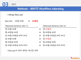 Methods – BERT의 WordPiece tokenizing
• Merge Best pair
• Best pair가 여러 개여도 하나만 선택
Best Pair: ##찰 ##청 → ##찰청
Tokenized Sentence (iter=1) Tokenized Sentence (iter=2)
경 ##찰 ##청 → 경 ##찰청
철 ##창살 ##은 → 철 ##창살 ##은
외 ##철 ##창살 ##이 ##고 → 외 ##철 ##창살 ##이 ##고
검 ##찰 ##청 → 검 ##찰청
철 ##창살 ##은 → 철 ##창살 ##은
쌍 ##철 ##창살 ##이 ##다 → 쌍 ##철 ##창살 ##이 ##다
 