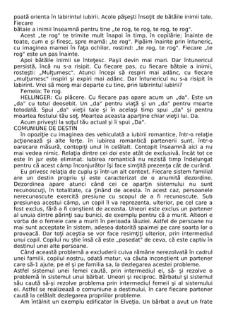 poată orienta în labirintul iubirii. Acolo păşeşti însoţit de bătăile inimii tale. 
Fiecare 
bătaie a inimii înseamnă pentru tine „te rog, te rog, te rog, te rog". 
Acest „te rog" te trimite mult înapoi în timp, în copilărie; înainte de 
toate, cum e şi firesc, spre mamă: „te rog". Pipăim înainte prin întuneric, 
cu imaginea mamei în faţa ochilor, rostind: „te rog, te rog". Fiecare „te 
rog" este un pas înainte. 
Apoi bătăile inimii se înteţesc. Paşii devin mai mari. Dar întunericul 
persistă, încă nu s-a risipit. Cu fiecare pas, cu fiecare bătaie a inimii, 
rosteşti: „Mulţumesc". Atunci începi să respiri mai adânc, cu fiecare 
„mulţumesc" inspiri şi expiri mai adânc. Dar întunericul nu s-a risipit în 
labirint. Vrei să merg mai departe cu tine, prin labirintul iubirii? 
Femeia: Te rog. 
HELLINGER: Cu plăcere. Cu fiecare pas apare acum un „da". Este un 
„da" cu totul deosebit. Un „da" pentru viaţă şi un „da" pentru moarte 
totodată. Spui „da" vieţii tale şi în acelaşi timp spui „da" şi pentru 
moartea fostului tău soţ. Moartea aceasta aparţine chiar vieţii lui. Da. 
Acum priveşti la soţul tău actual şi îi spui „Da". 
COMUNIUNE DE DESTIN 
în opoziţie cu imaginea des vehiculată a iubirii romantice, într-o relaţie 
acţionează şi alte forţe. în iubirea romantică partenerii sunt, într-o 
oarecare măsură, contopiţi unul în celălalt. Contopit înseamnă aici a nu 
mai vedea nimic. Relaţia dintre cei doi este atât de exclusivă, încât tot ce 
este în jur este eliminat. Iubirea romantică nu rezistă timp îndelungat 
pentru că acest câmp înconjurător îşi face simţită prezenţa cât de curând. 
Eu privesc relaţia de cuplu şi într-un alt context. Fiecare sistem familial 
are un destin propriu şi este caracterizat de o anumită dezordine. 
Dezordinea apare atunci când cei ce aparţin sistemului nu sunt 
recunoscuţi, în totalitate, ca ţinând de acesta. în acest caz, persoanele 
nerecunoscute exercită presiune cu scopul de a fi recunoscute. Sub 
presiunea acestui câmp, un copil îl va reprezenta, ulterior, pe cel care a 
fost exclus, fără a fi conştient de aceasta. Uneori este exclus un partener 
al unuia dintre părinţi sau bunici, de exemplu pentru că a murit. Alteori e 
vorba de o femeie care a murit în perioada lăuziei. Astfel de persoane nu 
mai sunt acceptate în sistem, adesea datorită spaimei pe care soarta lor o 
provoacă. Dar toţi aceştia se vor face resimţiţi ulterior, prin intermediul 
unui copil. Copilul nu ştie însă că este „posedat" de ceva, că este captiv în 
destinul unei alte persoane. 
Când această problemă a excluderii cuiva rămâne nerezolvată în cadrul 
unei familii, copilul nostru, odată matur, va căuta inconştient un partener 
care să-1 ajute, pe el şi pe familia sa, la dezlegarea acestei probleme. 
Astfel sistemul unei femei caută, prin intermediul ei, să- şi rezolve o 
problemă în sistemul unui bărbat. Uneori şi reciproc. Bărbatul şi sistemul 
său caută să-şi rezolve problema prin intermediul femeii şi al sistemului 
ei. Astfel se realizează o comuniune a destinului, în care fiecare partener 
caută la celălalt dezlegarea propriilor probleme. 
Am întâlnit un exemplu edificator în Elveţia. Un bărbat a avut un frate 
 