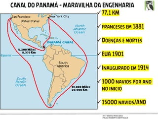 2017 Direitos Reservados
PAULO ROBERTO BERTAGLIA
CANAL DO PANAMÁ – MARAVILHA DA ENGENHARIA
✓77,1 KM
✓franceses em 1881
✓Doenças e mortes
✓EUA 1901
✓Inaugurado em 1914
✓1000 navios por ano
no inicio
✓15000 navios/ANO
 