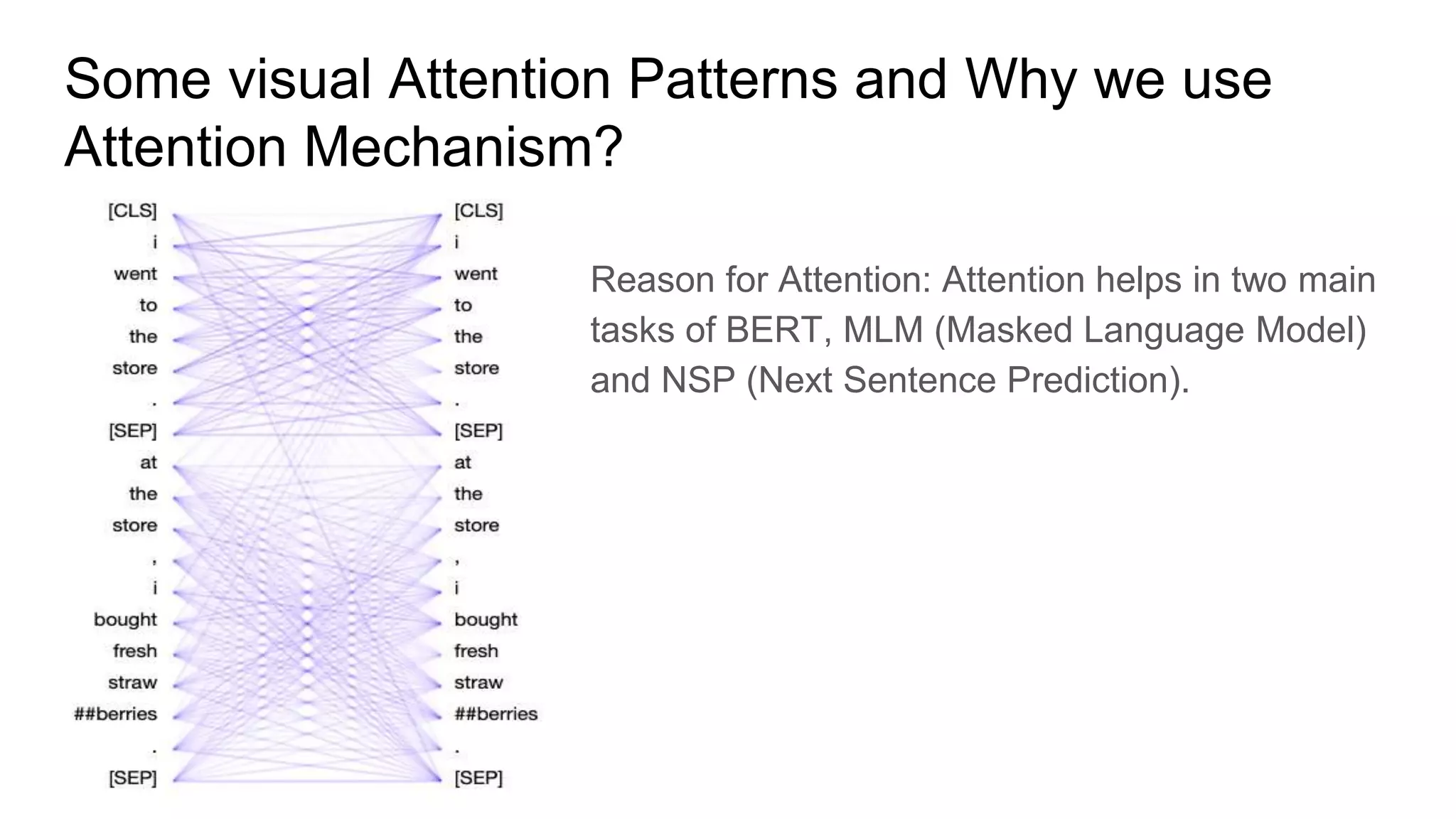 Some visual Attention Patterns and Why we use
Attention Mechanism?
Reason for Attention: Attention helps in two main
tasks of BERT, MLM (Masked Language Model)
and NSP (Next Sentence Prediction).
 
