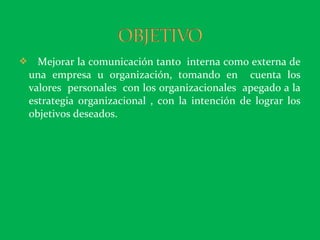  Mejorar la comunicación tanto interna como externa de
una empresa u organización, tomando en cuenta los
valores personales con los organizacionales apegado a la
estrategia organizacional , con la intención de lograr los
objetivos deseados.
 